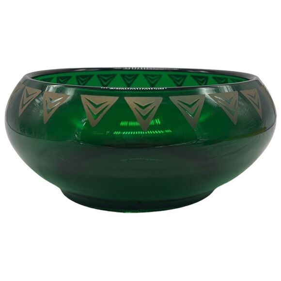 Dalzell Viking Bowl Vintage Green Glass Gold Triangles Hollywood Regency Heavy - Picture 9 of 12